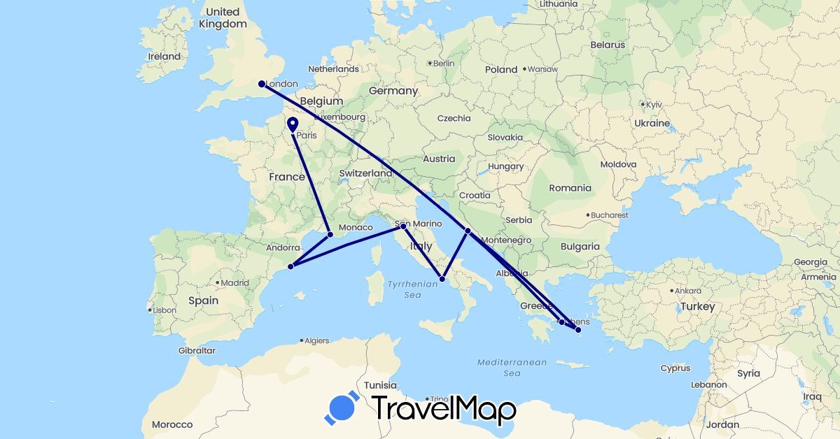 TravelMap itinerary: driving in Spain, France, United Kingdom, Greece, Croatia, Italy (Europe)